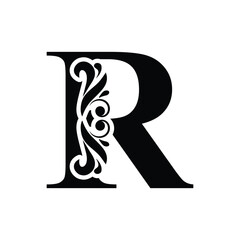 capital  letter R. Black flower alphabet. Beautiful capital letters with shadow
