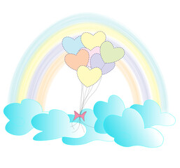 Ilustración de globos en forma de corazón en el cielo con nubes y arcoiris