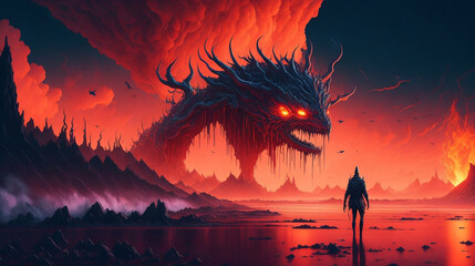 Surreal AI Artwork of Post-Apocalyptic Landscape - Fiery Sky, Blood Sea, and Rising Beast