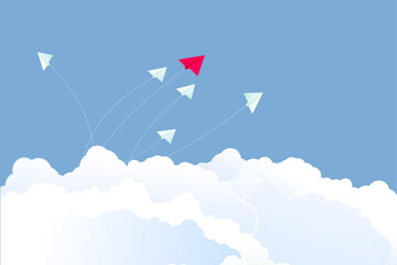 Paper Flying with Clouds on Blue sky background. Abstract Cartoon Children Planes in air for Poster, Flyer, Postcard, Web, Banner, Cover. Vector illustration.