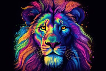 A Colorful lion painting on a black background. Created with generative AI.