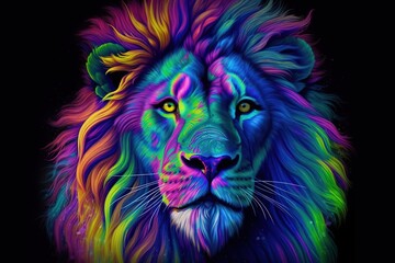 A Colorful lion painting on a black background. Created with generative AI. - obrazy, fototapety, plakaty
