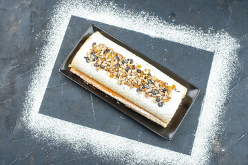 top view yummy nut cake on gray background biscuit dough cake pie sweet dessert tea