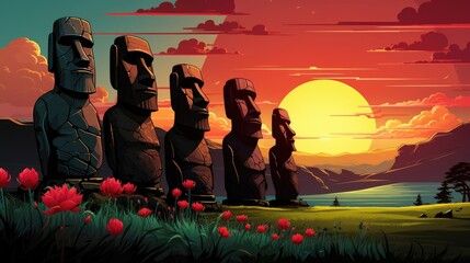 Easter Island is known for its iconic stone statues. (Illustration, Generative AI) - obrazy, fototapety, plakaty