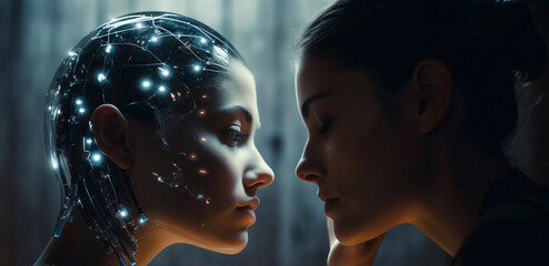 Two girls facing each other- the love between a human and artificial intelligence. LGBT relationships,a human augmented with AI Created with Generative AI technology - obrazy, fototapety, plakaty