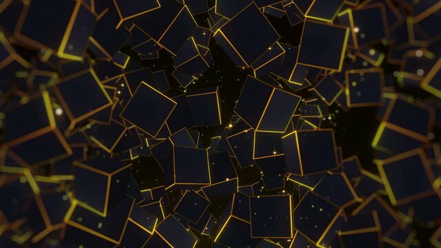 Gold cube background with golden polygon particle rotate looped