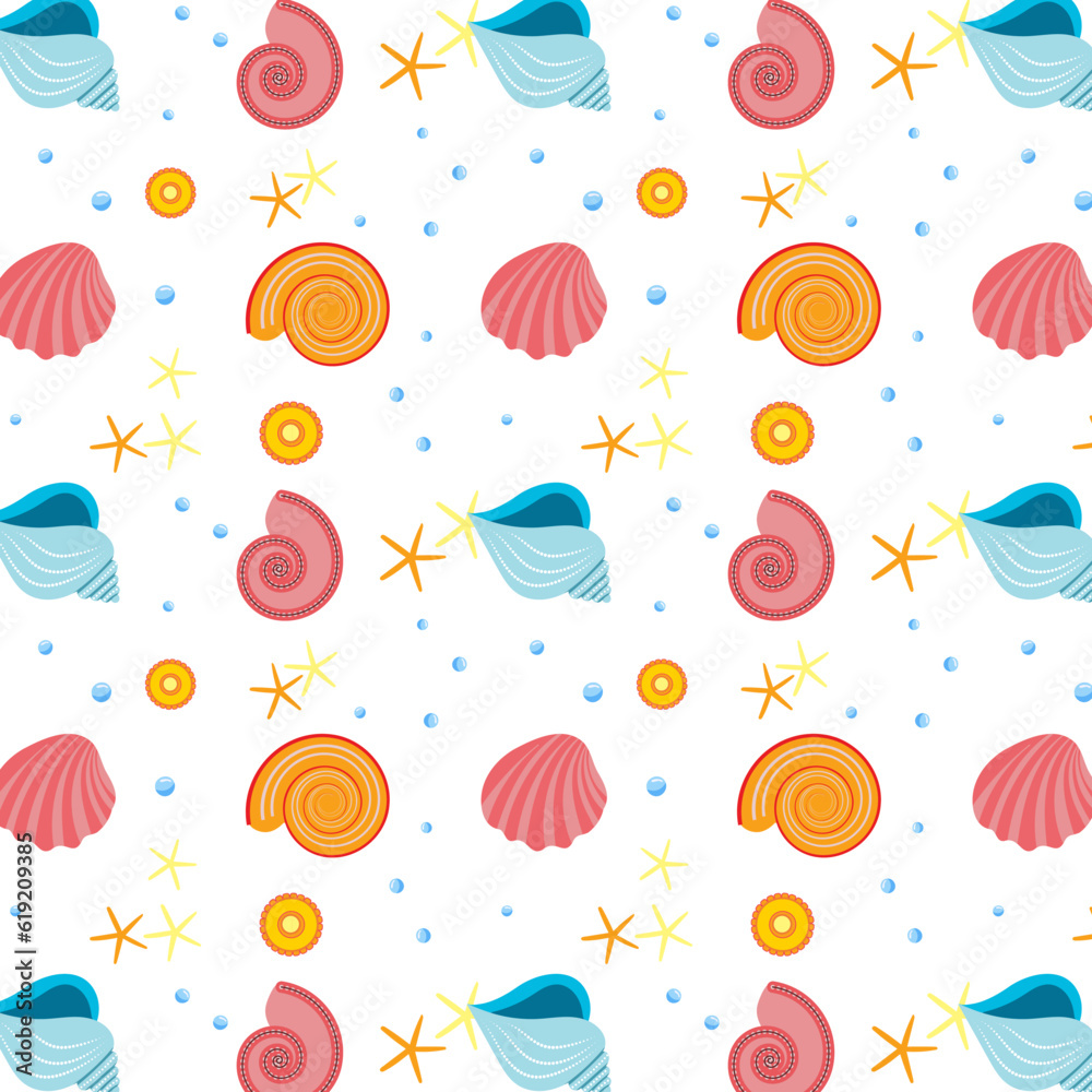 Wall mural Seamless nautical pattern ornament with starfish and seashells on white background in cartoon style. Isolated on white background. Design fabric, cover, wallpaper, scrapbooking. Drawing vector.  