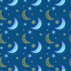 Fototapeta na wymiar Seamless star pattern ornament with stars and shining moon on blue cartoon style background. Vector Illustration. Design for print, background, greeting card, packaging, cover, fabric, wrapping paper