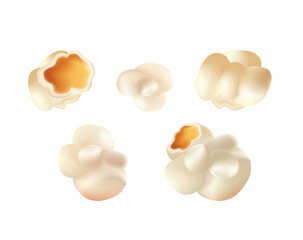 Set of popcorn, pop corn grains and fluffy piecesisolated on white. 3D vector illustration, realistic popcorn background for cinema, movie, film, food, theater, design