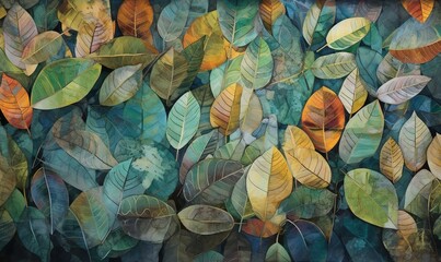  a painting of leaves on a wall with a blue background.  generative ai