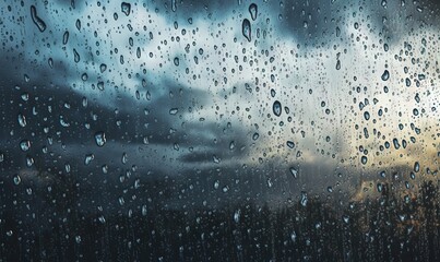  rain drops on a window with a cloudy sky in the background.  generative ai