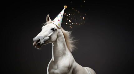 Naklejka na ściany i meble Horse with a party hat celebrating. isolated colorful background. Empty copy space for text. Generative AI.