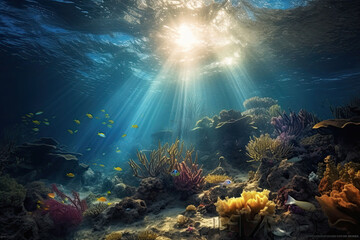 Obraz na płótnie Canvas Animals of the underwater world with sun rays. Coral reef and fish. Generative AI