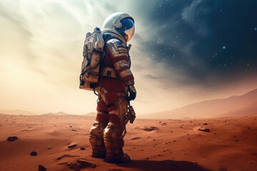The astronaut in space suit walking on planet. Exploration of the planet's surface. Generative AI