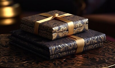  a stack of books with a gold ribbon on top of it.  generative ai