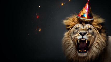 lion with a party hat celebrating. isolated colorful background. Empty copy space for text. Generative AI.
