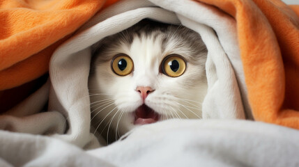 Cat scared and hiding under the blanket. Generative AI