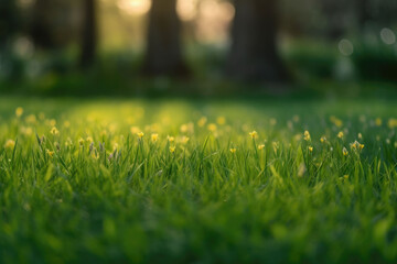 Neatly trimmed lawn on blurred spring background. Ground level view. Generative AI
