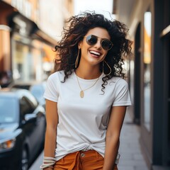 Illustration of a fashion portrait with plain t-shirt mockup ,  AI Generated