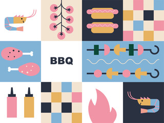 Grill barbecue illustration. BBQ party invitation for summer outdoor picnic. Simple, geometric, modern style. BBQ picnic banner.