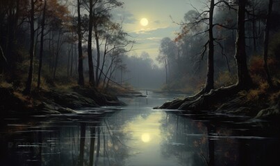  a painting of a river in a forest with a full moon.  generative ai