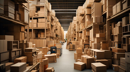 Cardboard boxes abound in the inventory in the warehouse storage, Generative Ai.