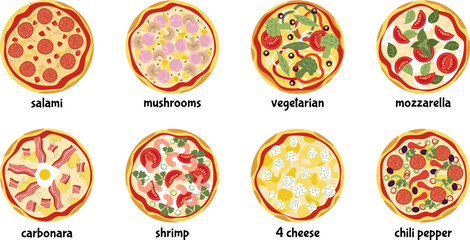 Isolated tasty pizza icons top view. Pizzas salami, mozzarella, peperoni. Pizzeria, delivery service fast food. Decent vector italian cuisine set