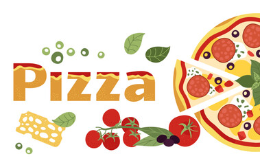 Pizza background, italy pizzeria delivery service banner design. Fresh food, pepperoni, tomato and olives. Italian cuisine decent vector scene