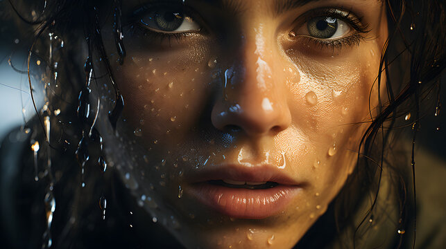 Cinematic portrait photography woman face with covered in raindrops, Generative Ai. 