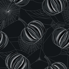 Black pumpkin and white spiderweb, net, cobweb behind, original dark  Halloween seamless pattern texture