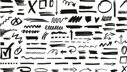 Black marker stains grunge set. Handwriting scribble stroke, underline graphite textures. Brush signs and crayon drawing neoteric vector elements - 619211770