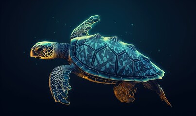 a green sea turtle swimming in the ocean with a black background.  generative ai
