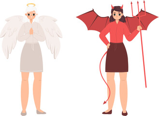 Angel and devil. Female good and angry characters. Symbol of purity and innocence, cunning and evil. Holy heaven and hell snugly vector cartoon girls