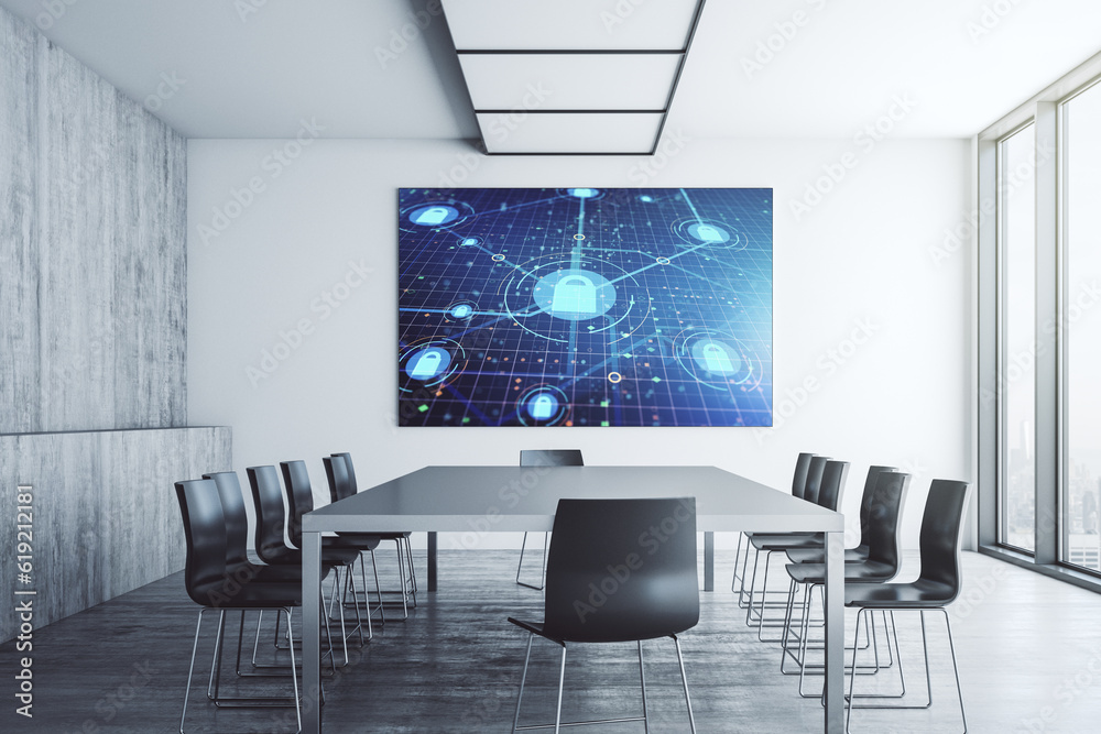 Poster Creative idea concept with lock symbol and microcircuit illustration on presentation screen in a modern conference room. Protection and firewall concept. 3D Rendering
