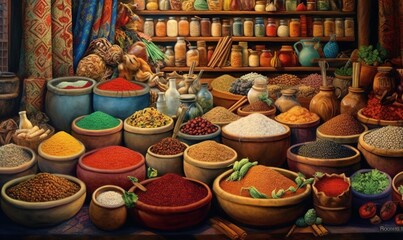  a painting of a variety of spices in bowls and bowls.  generative ai