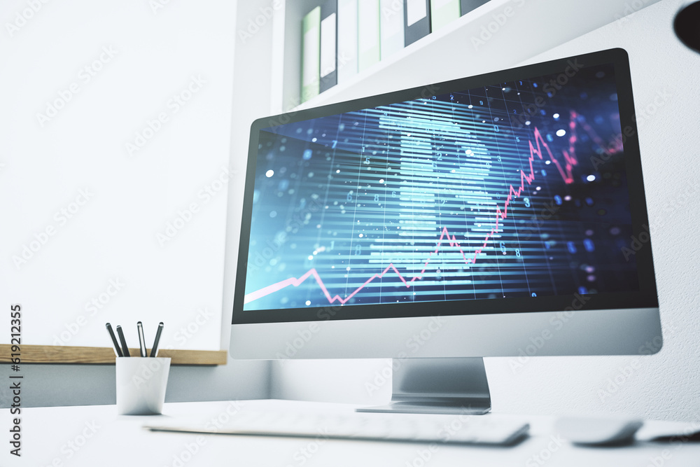 Poster Modern computer display with creative Bitcoin symbol hologram. Mining and blockchain concept. 3D Rendering