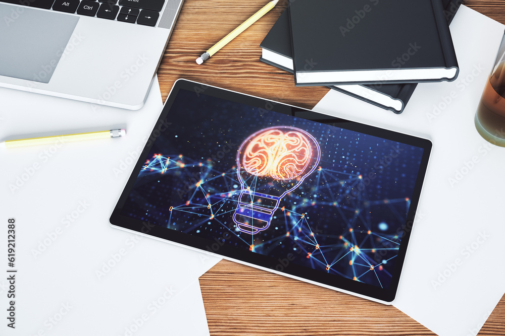Fototapete creative idea concept with light bulb and human brain illustration on modern digital tablet screen. 