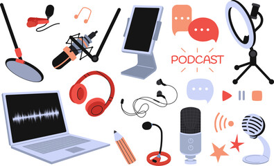 Digital podcast tech equipment. Light, microphone and tablet, laptop and headphones. Streaming live or tv audio show, radio wave decent vector elements