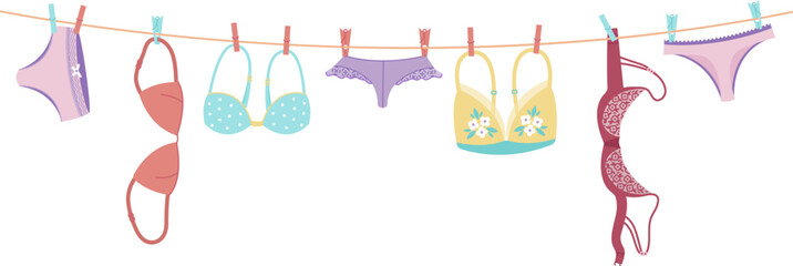 Female panties and bra hanging on rope. Lingerie on clothesline, isolated underwear, panty and bras for women. Decent vector fashion elements