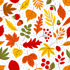 Fototapeta premium Cozy autumn leaves seamless pattern. Fall leaf falling, harvest season. Forest trees doodle foliage, september nature fabric decent vector print