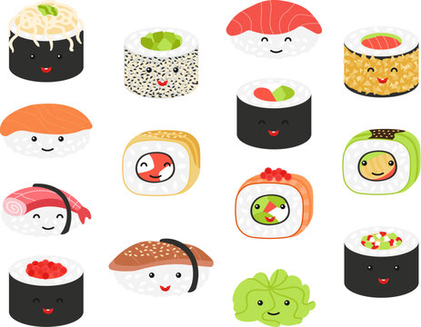 Sushi characters kawaii style. Japanese delicious food cute character, happy rolls with salmon, rice and vegetables. Asian cuisine decent vector clipart