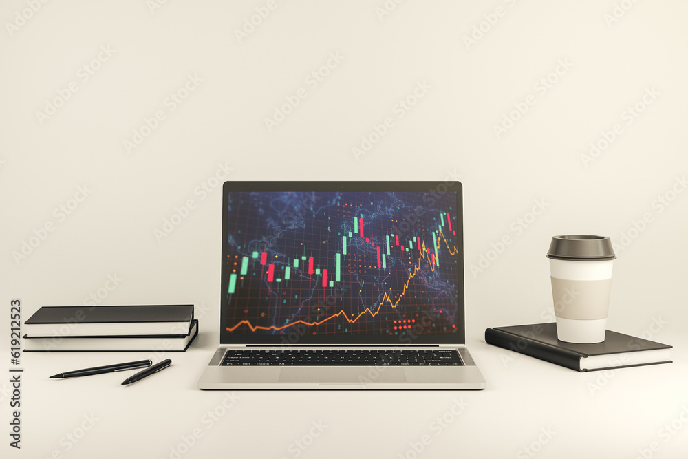 Poster modern computer display with abstract financial graph with world map, financial and trading concept.