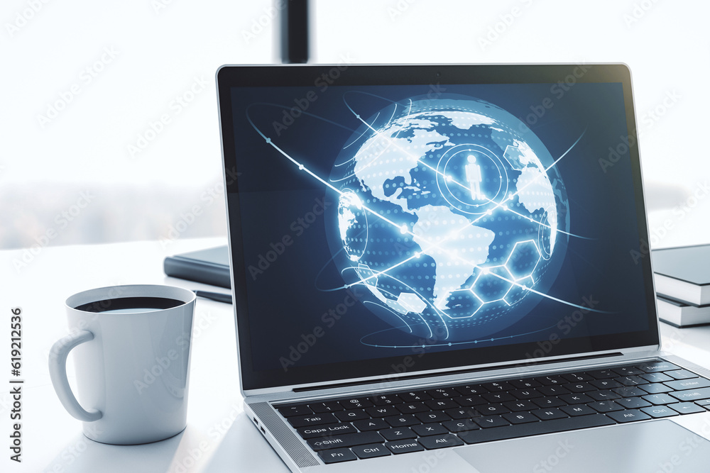Poster Social network concept with world map on modern laptop screen. 3D Rendering