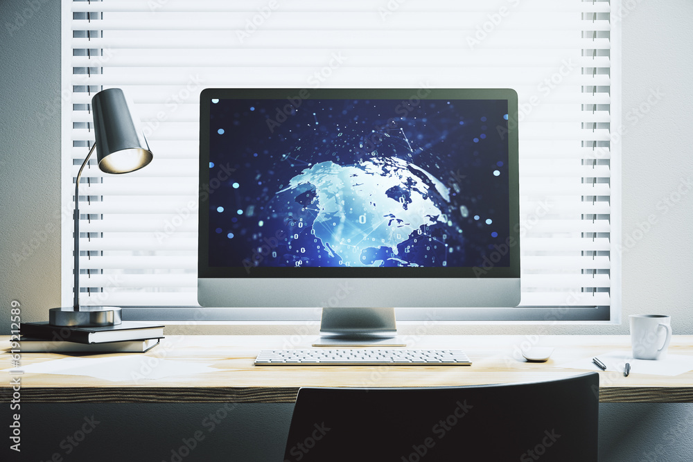 Leinwandbilder modern computer monitor with abstract programming language with world map, research and development 