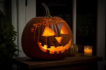 Carved Halloween pumpkin with spooky face