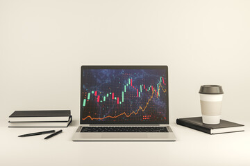 Modern computer display with abstract financial graph with world map, financial and trading concept. 3D Rendering