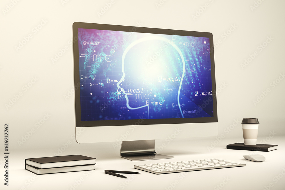 Leinwandbilder creative artificial intelligence concept with human head sketch on modern computer monitor. 3d rende