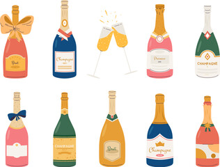 Sparkle wine bottles, holiday champagne bottle and grasses. New year party drinks. Brut, prosecco alcoholic beverages. Snugly celebrate vector elements © MicroOne