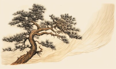  a drawing of a pine tree with a mountain in the background.  generative ai