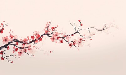  a branch with red flowers on it against a white background.  generative ai